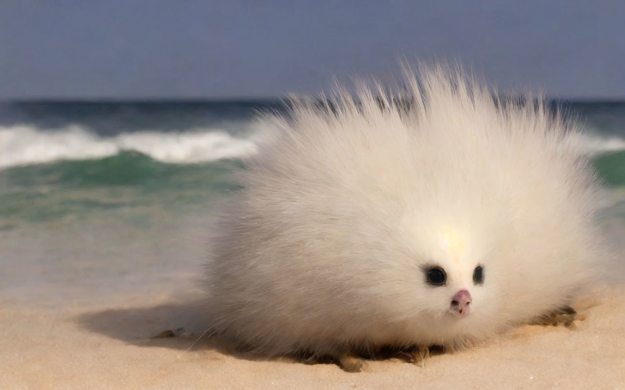 White hedgehog-like creature on sandy beach with waves