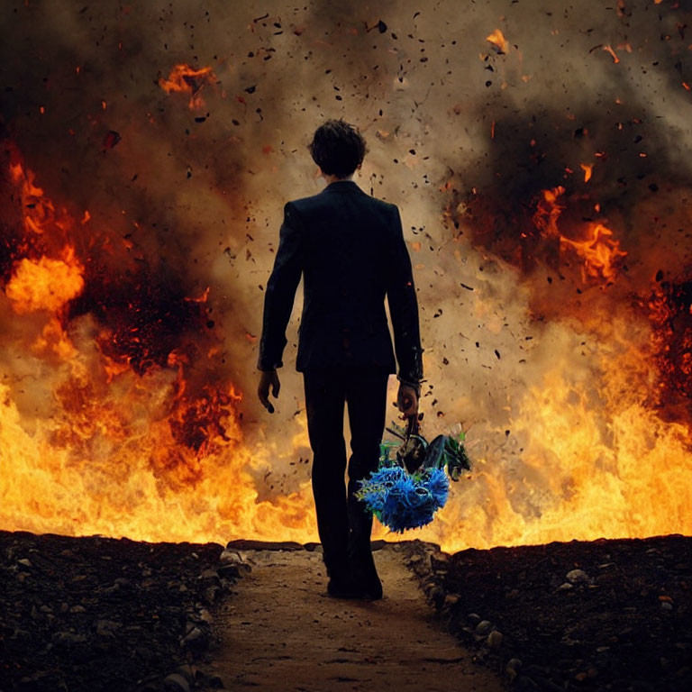 Person in suit walks from fiery explosion with neon blue-lit bicycle.