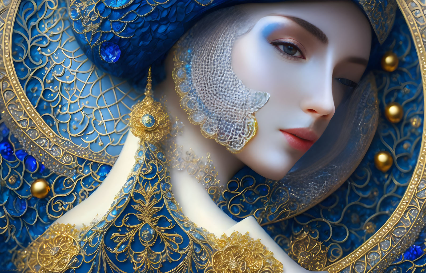 Detailed Artistic Depiction of Woman with Porcelain Skin and Ornate Headdress