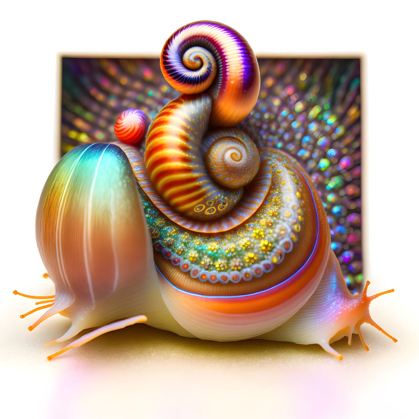 Colorful digital artwork: Two snails with iridescent shells on rainbow background