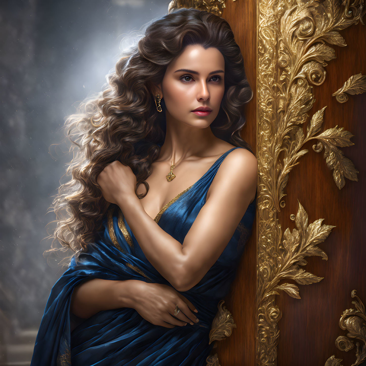 Digital portrait of woman with flowing brown hair in blue satin gown by ornate mirror