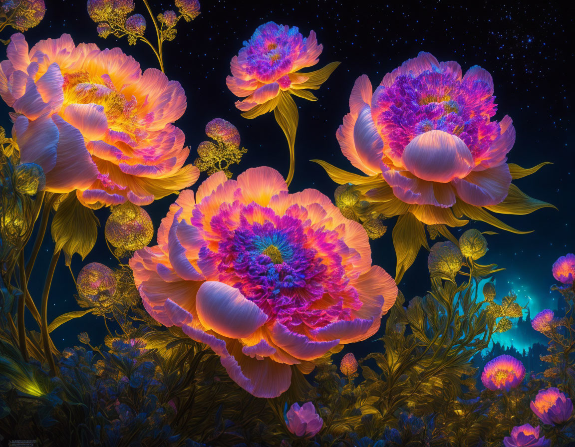 Vibrant luminescent flowers against starry night sky backdrop