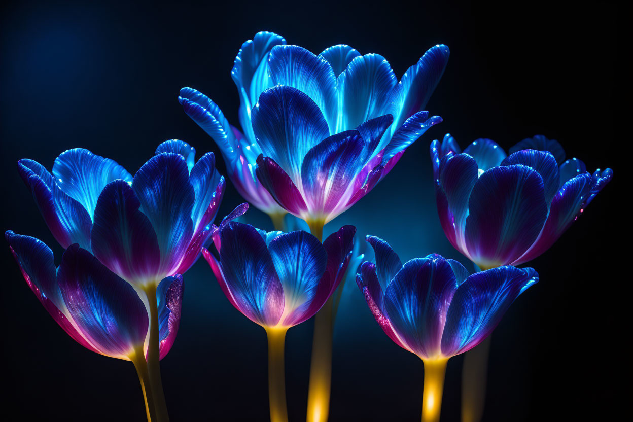 Glowing blue and purple tulips on dark background