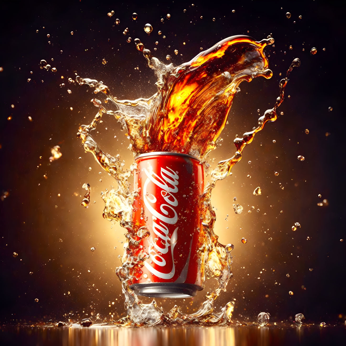 Dynamic Coca-Cola Can with Liquid Splash on Warm Backdrop