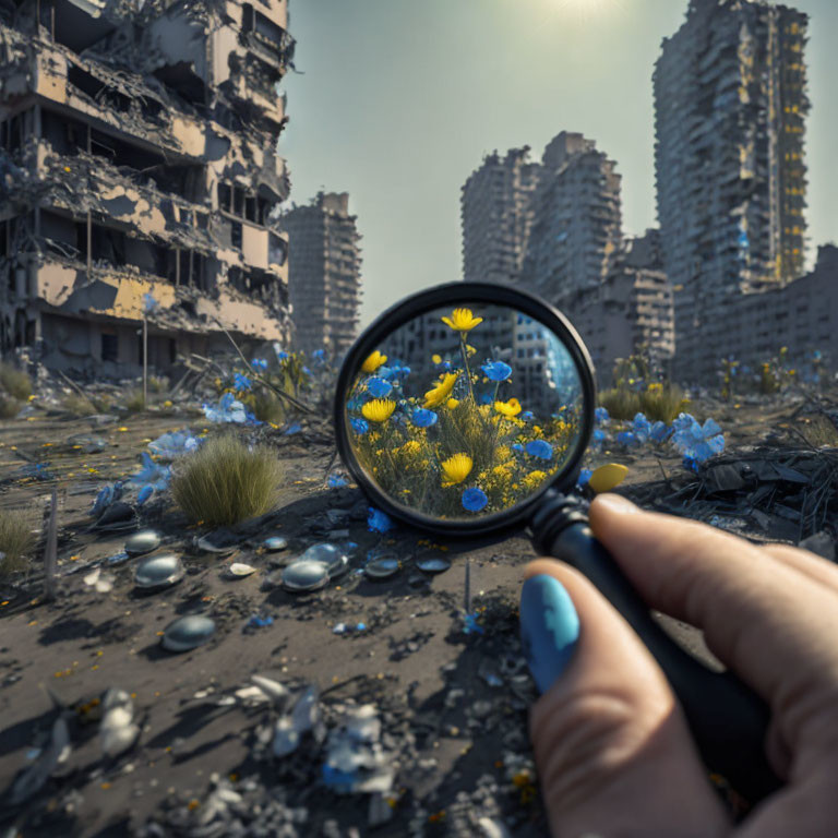 Magnifying glass reveals vibrant flowers in war-torn cityscape