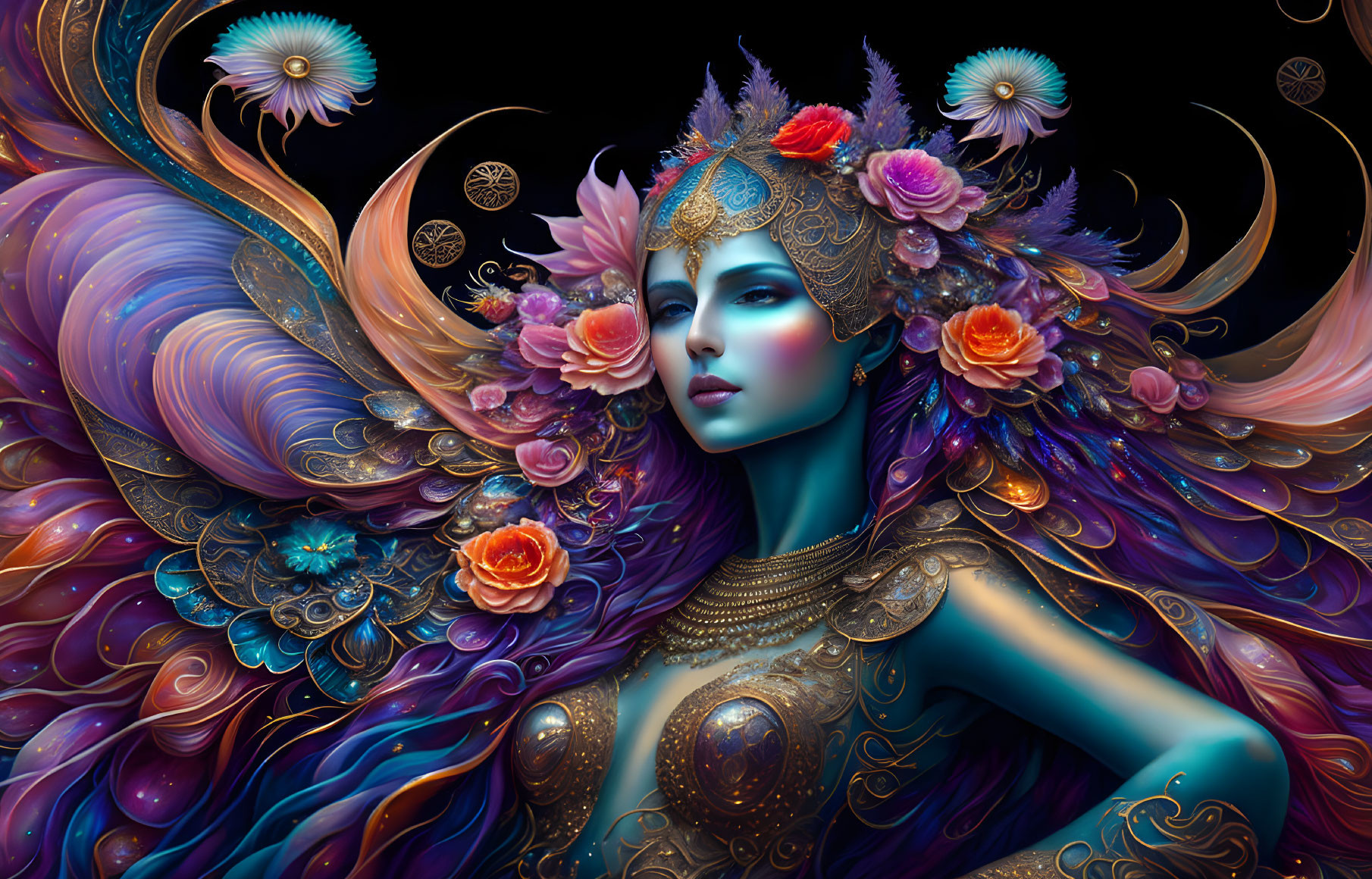 Colorful surreal illustration: Woman with blue skin, ornate headpiece, wings, flowers.