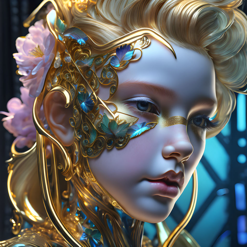 Child with Golden Floral Adornments in Digital Art