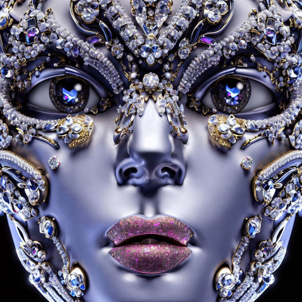 Symmetrical mask with gems, metalwork, and crystals around deep-set eyes