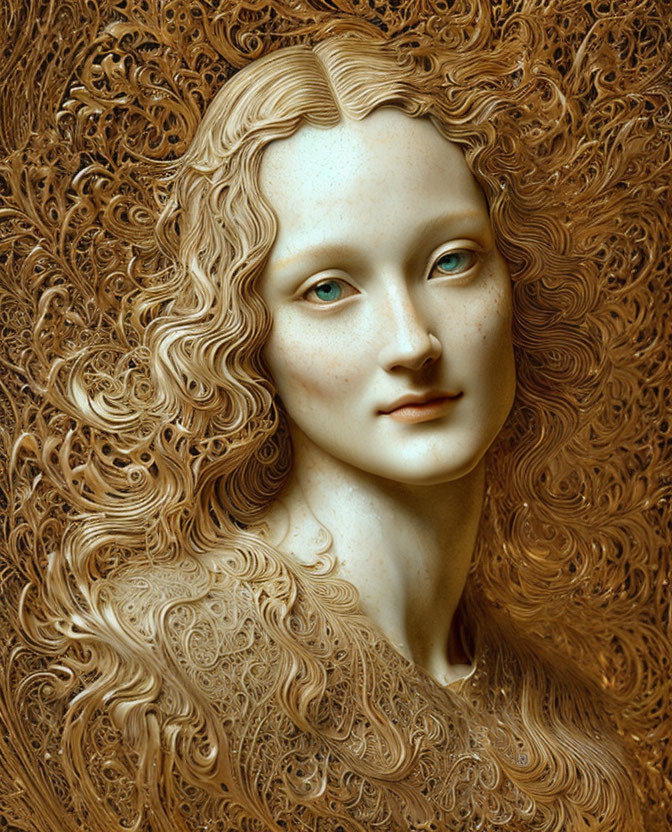 Intricate Female Figure Sculpture with Elaborate Wavy Hair