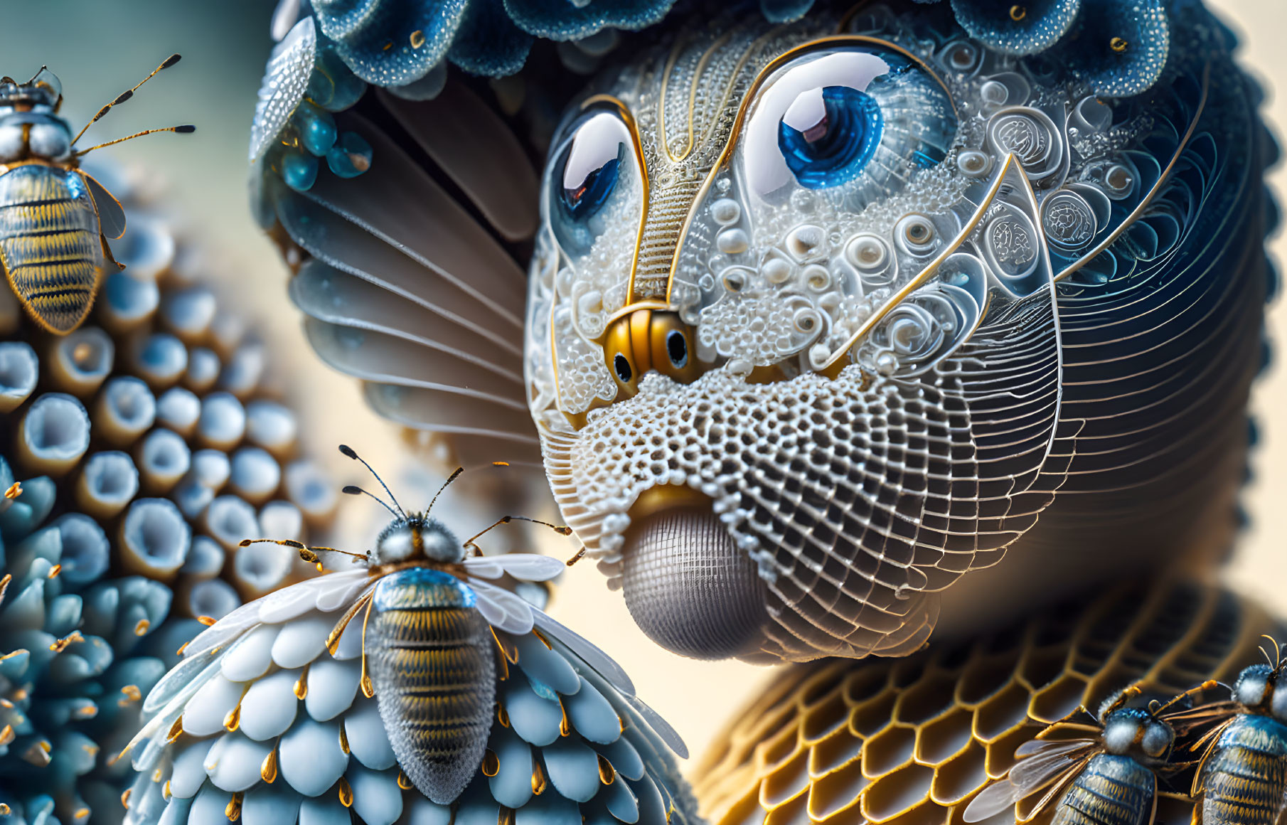 Surreal digital artwork: humanoid figure with bee-like features and spherical structures.