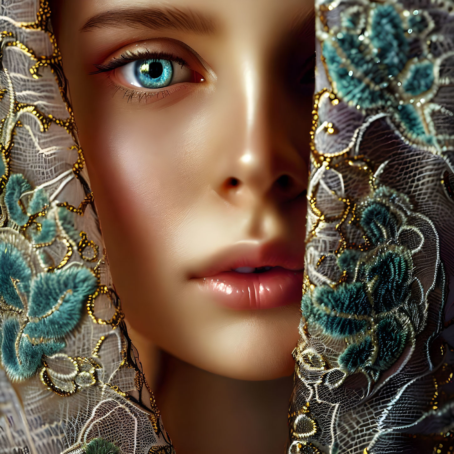 Detailed Close-Up of Person with Striking Blue Eyes and Intricate Lace Fabric