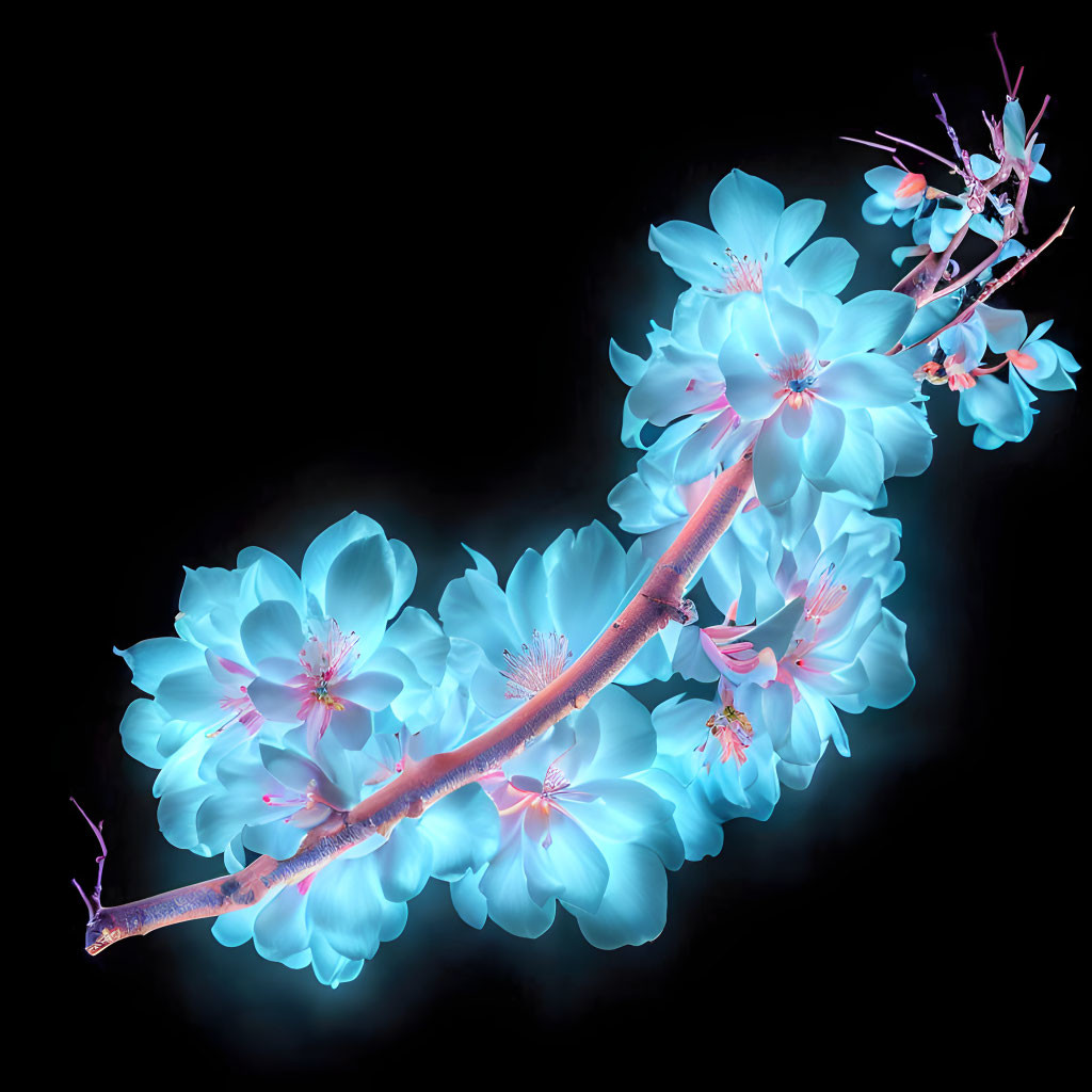 Neon blue cherry blossom branch on black background