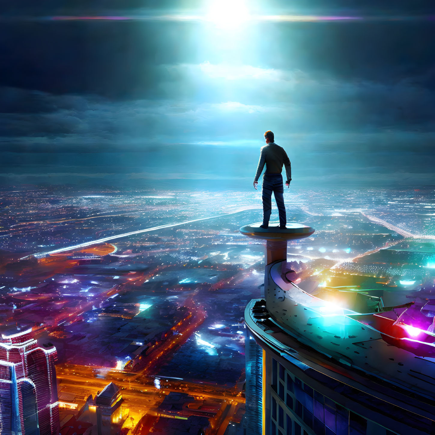 Person overlooking futuristic city at night from skyscraper