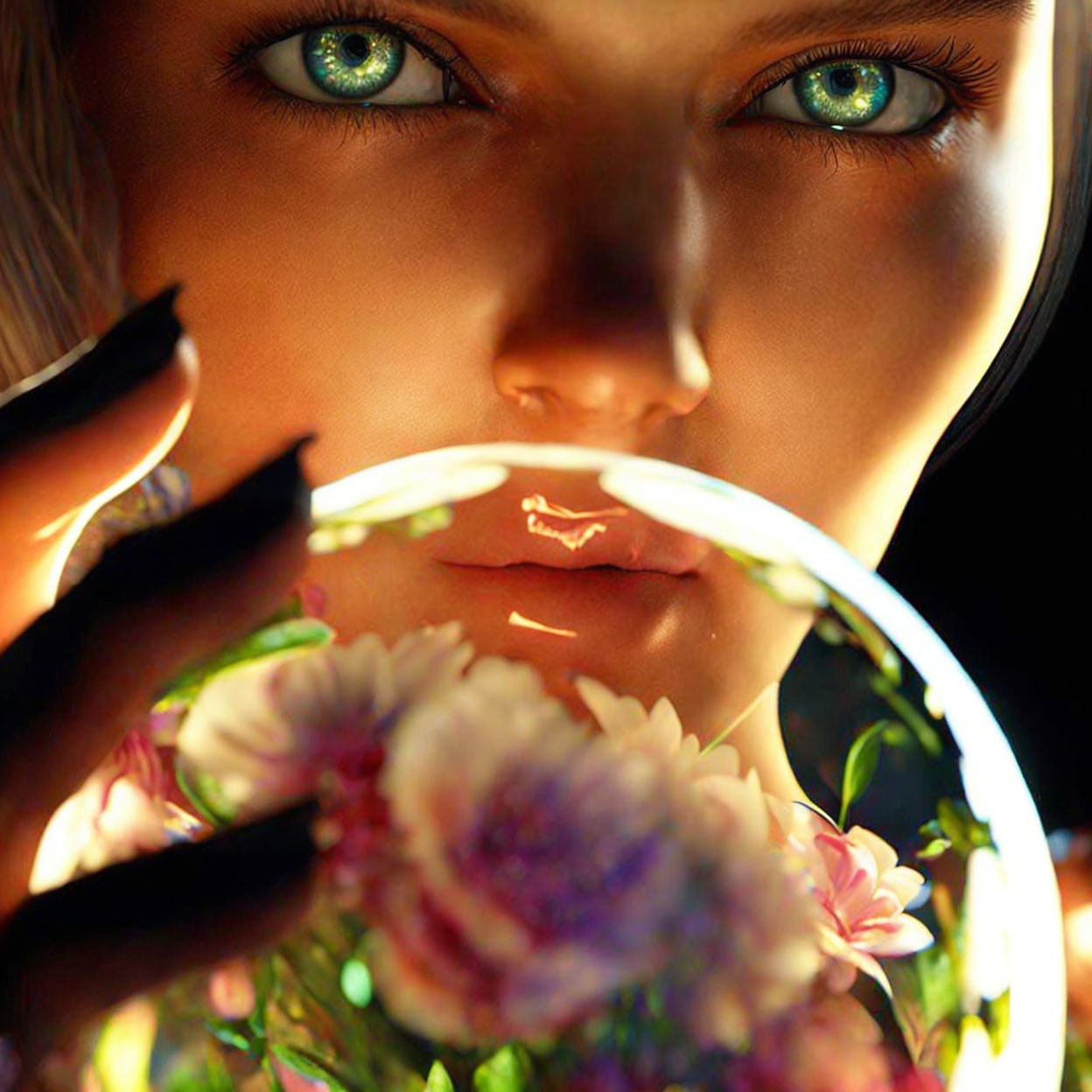 Close-Up of Woman with Striking Blue Eyes Holding Crystal Ball Full of Flowers