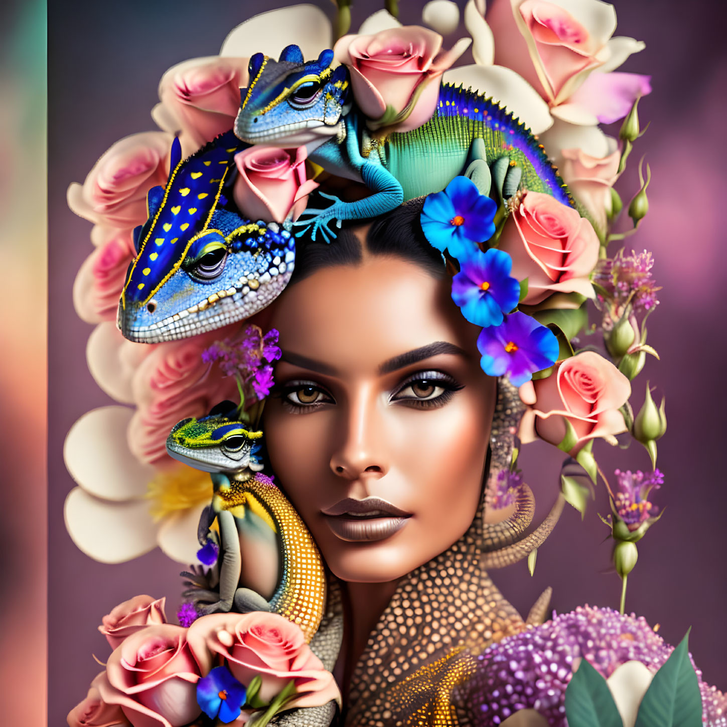 Colorful portrait of woman with vibrant makeup, adorned with lizards and flowers against floral backdrop