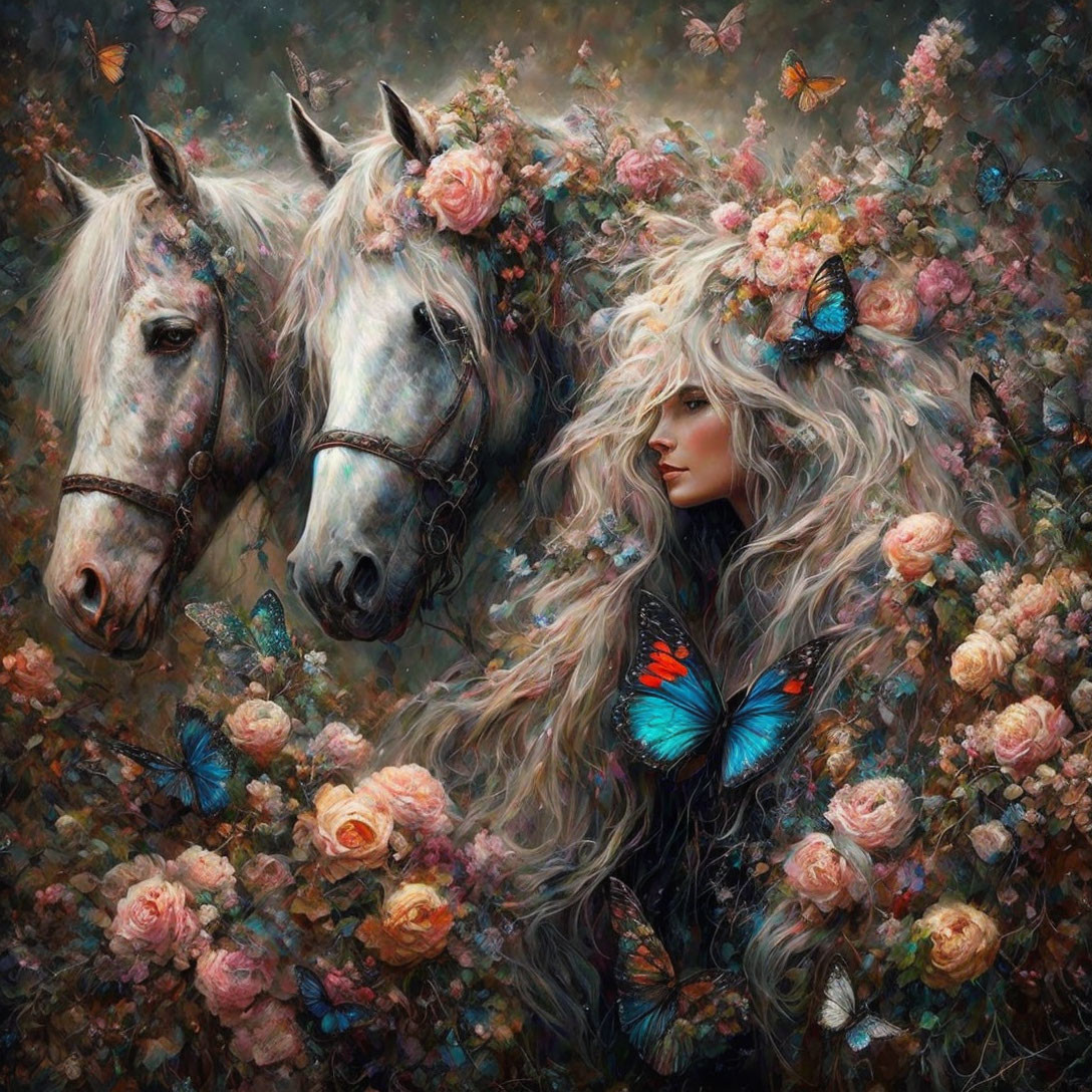 Woman with flowing hair, flowers, horses, blossoms, and butterflies.