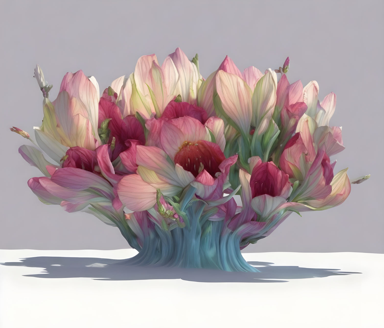 Surreal bouquet of flowers on white background