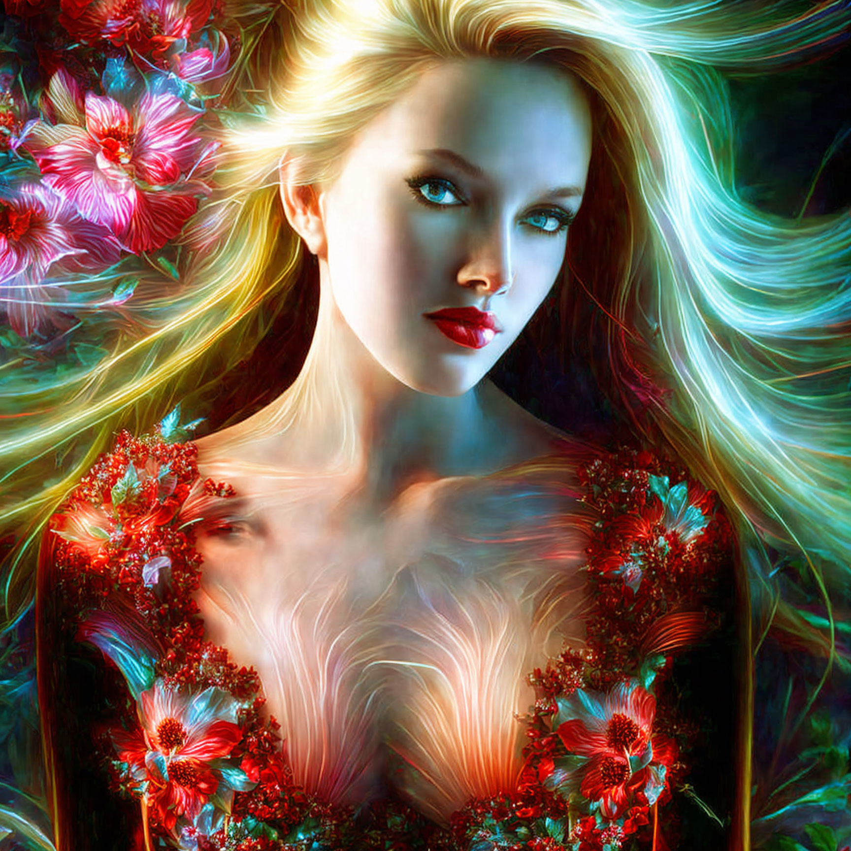 Vibrant digital artwork: Woman with flowing hair and flowers