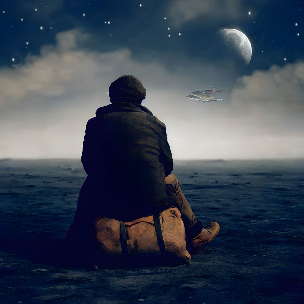 Person sitting on suitcase under starry sky watching paper airplane and crescent moon.