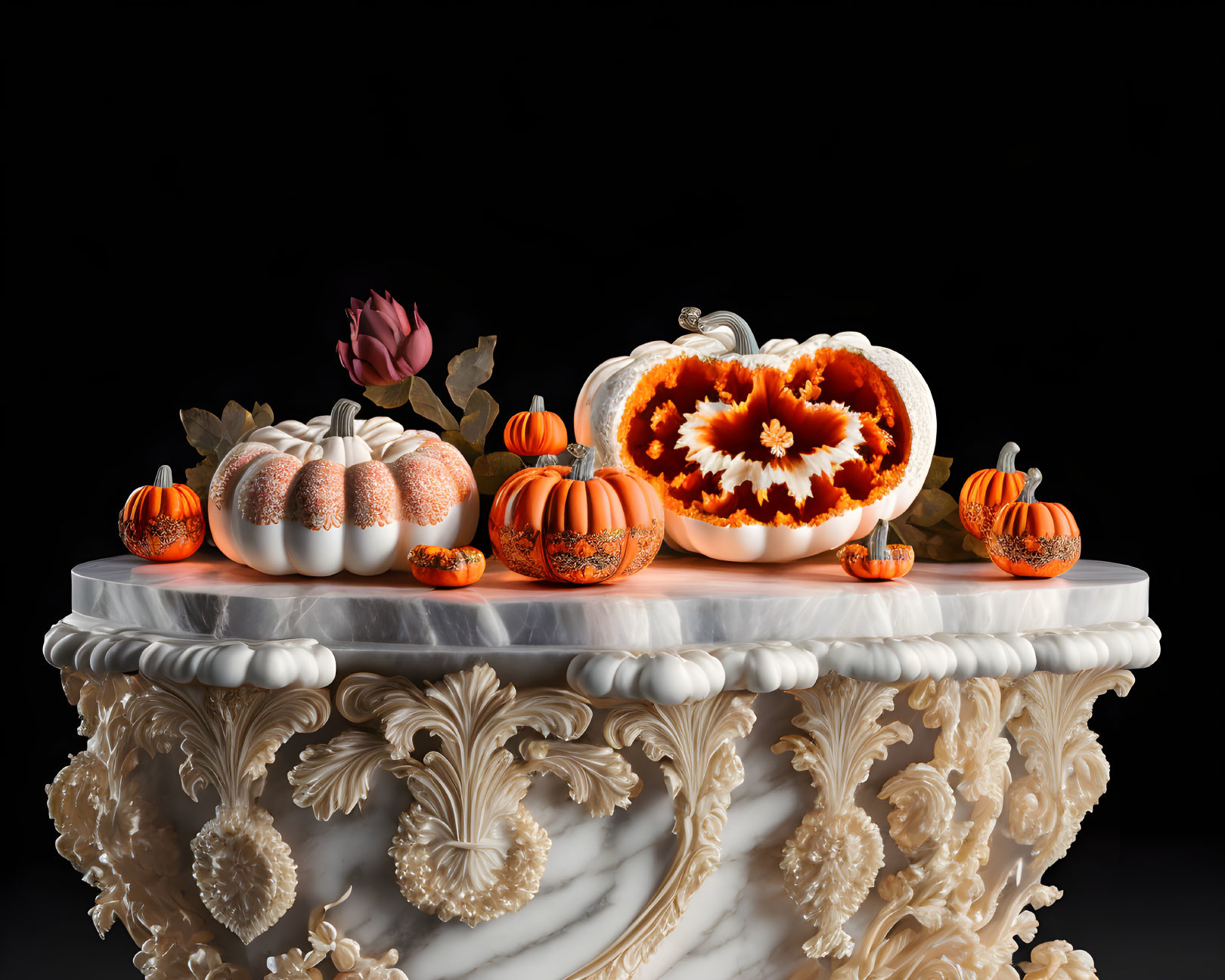 Carved and whole pumpkins on ornate white marble table with floral motifs