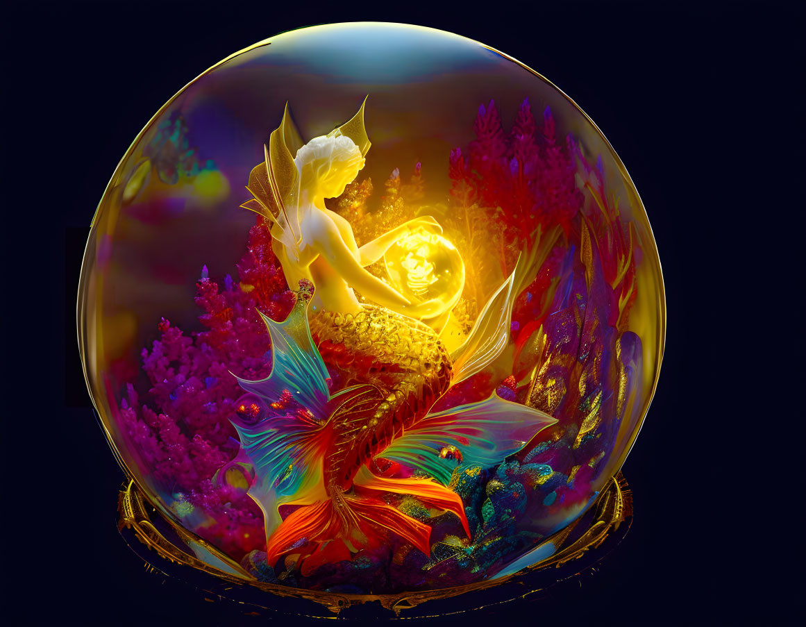 Colorful digital artwork: Mermaid with wings in luminous bubble among coral.