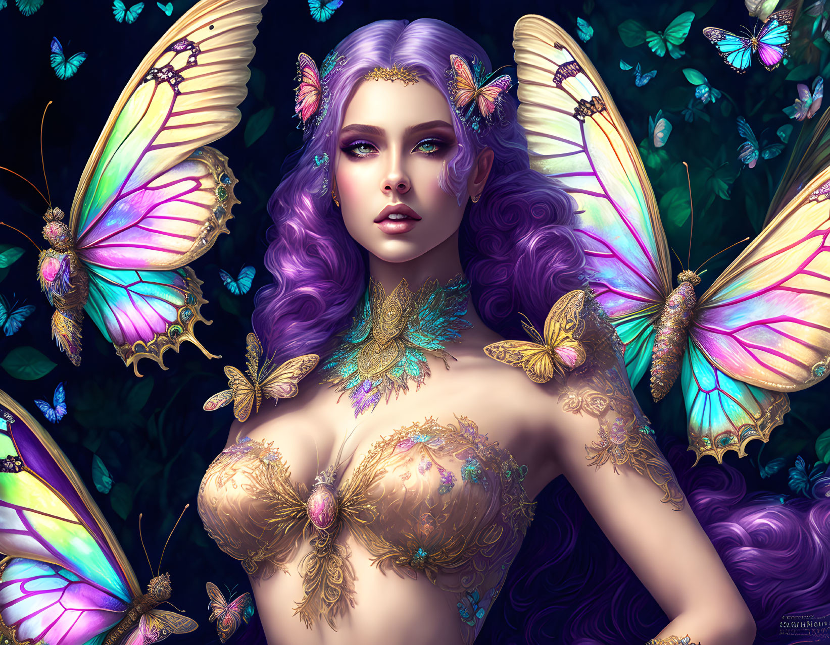 Fantasy woman with purple hair and butterfly wings, adorned with golden body decorations surrounded by butterflies.