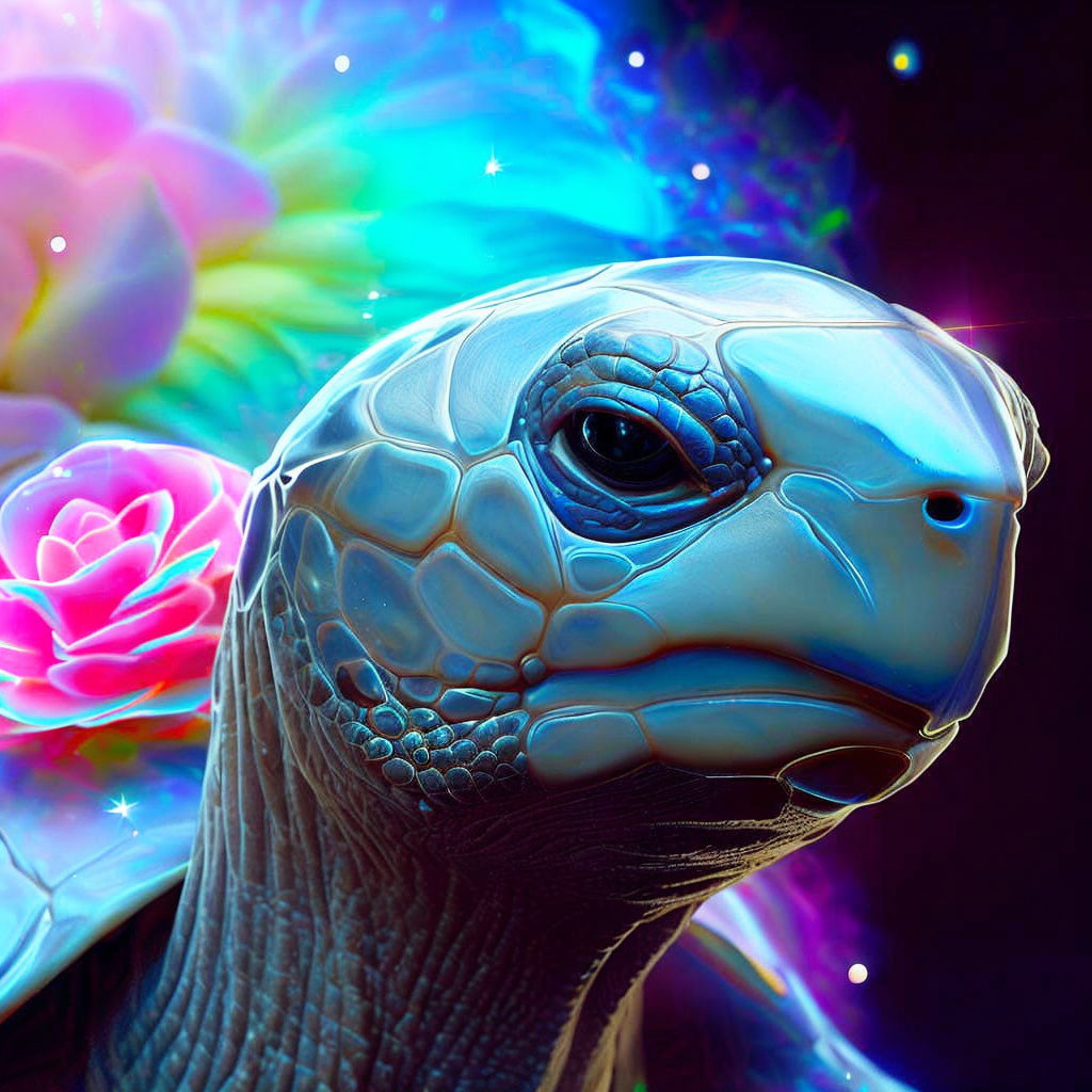 Colorful Turtle Digital Art with Floral and Cosmic Background