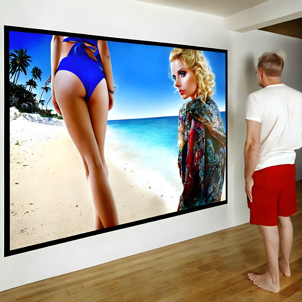 Man in white shirt and red shorts viewing seaside portrait in modern room