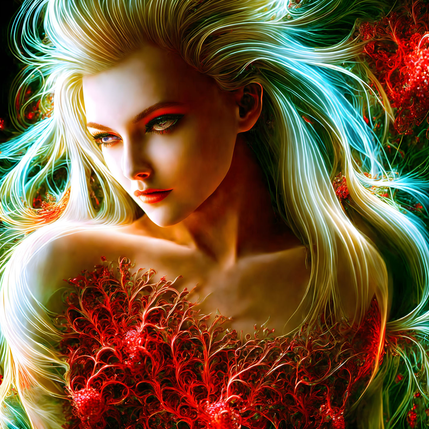 Digital artwork of a pale-skinned woman with white hair and red accents on a dark backdrop