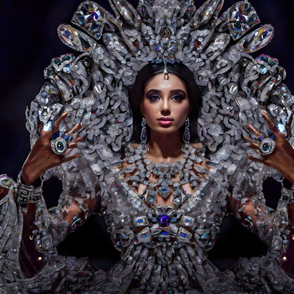 Elaborate Jewel-Encrusted Headdress and Attire Display Intricate Designs