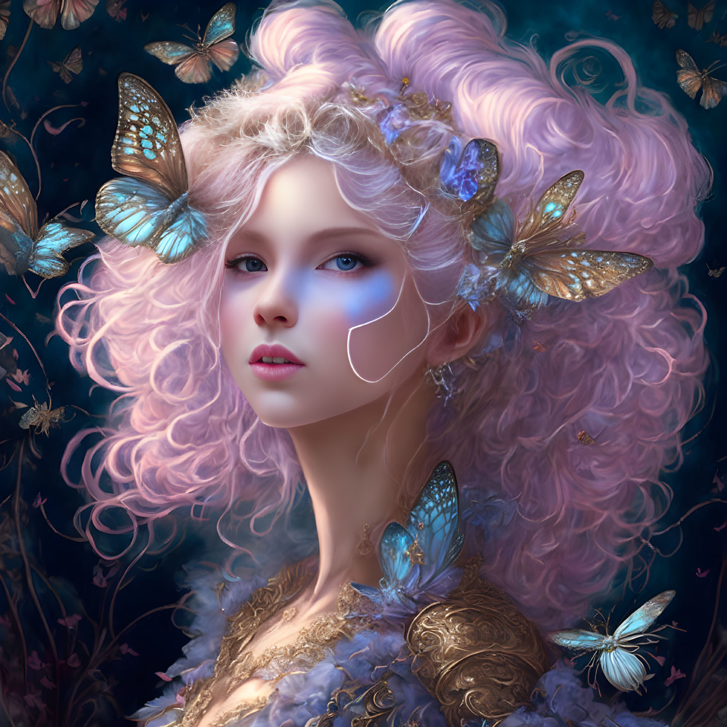 Fantasy female character with pale skin, blue eyes, pink curly hair, and butterflies in dark magical