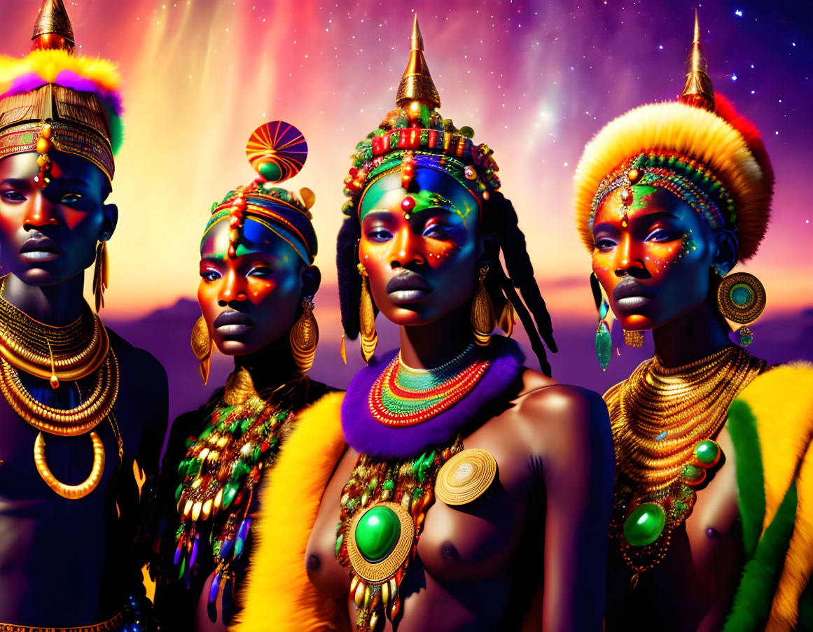 Stylized women with African-inspired jewelry and headdresses at sunset