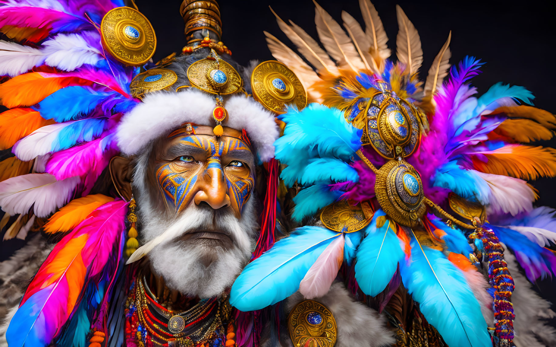 Elaborate Feathered Headdress with Tribal Jewelry and Face Paint