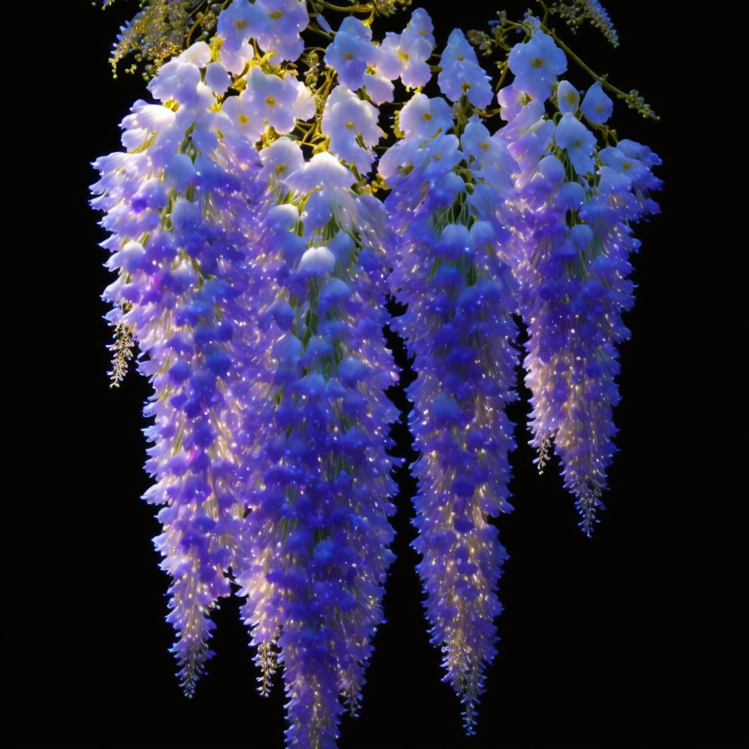 Wisteria clusters in white to deep purple on dark backdrop