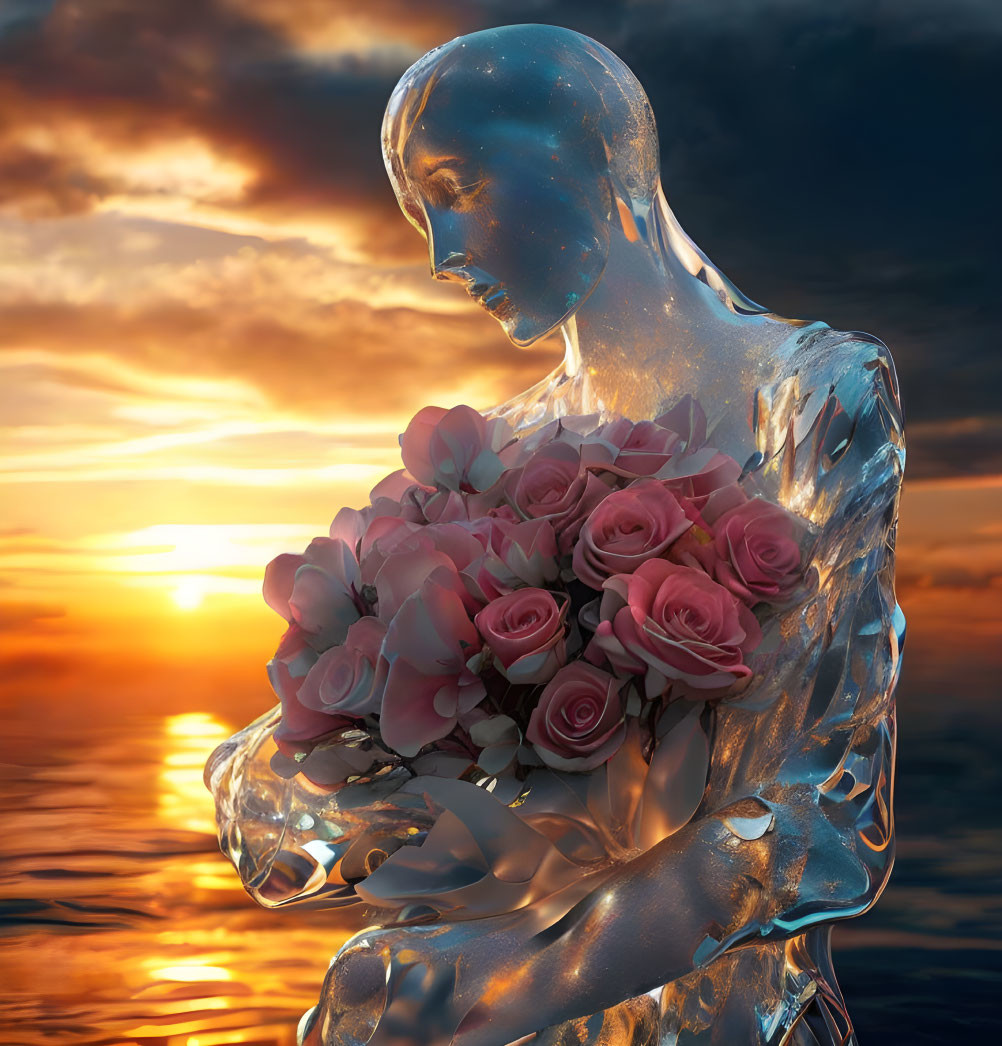 Transparent figure with pink roses at vibrant ocean sunset