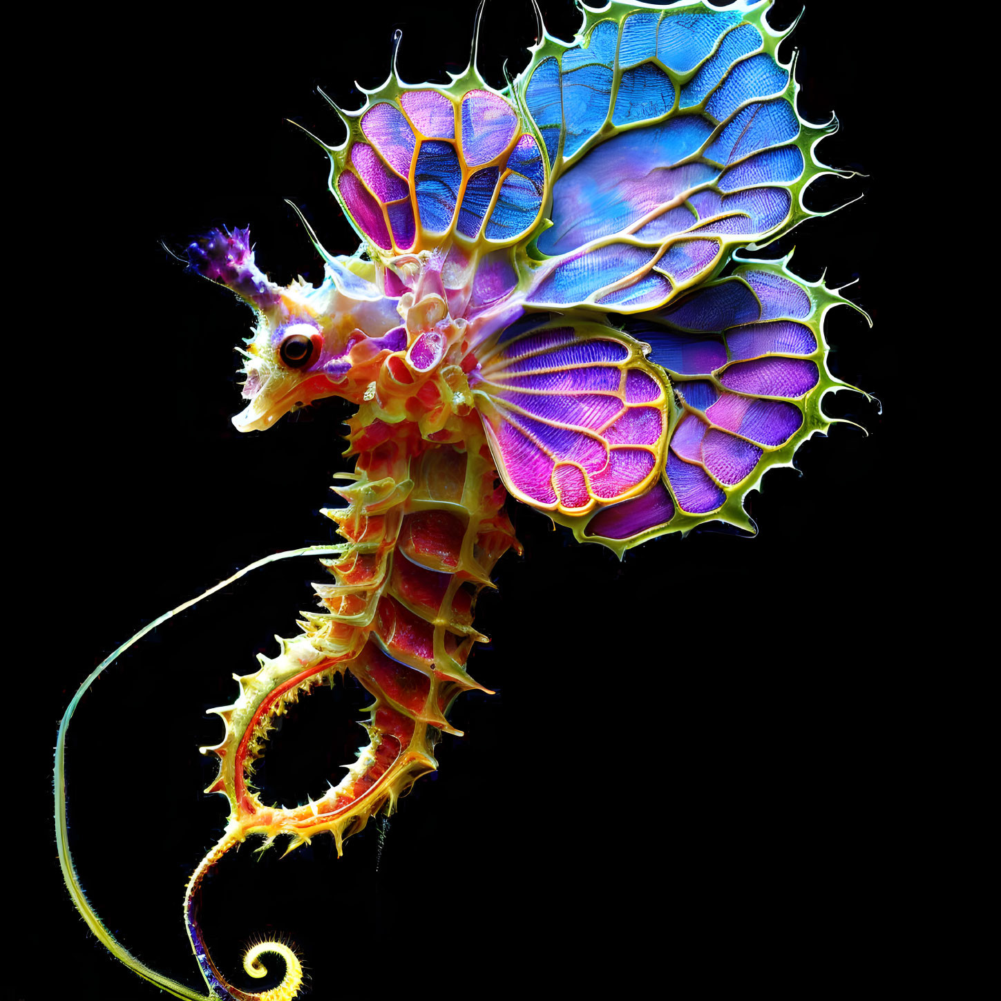 Colorful Leafy Sea Dragon with Purple, Blue, and Yellow Patterns