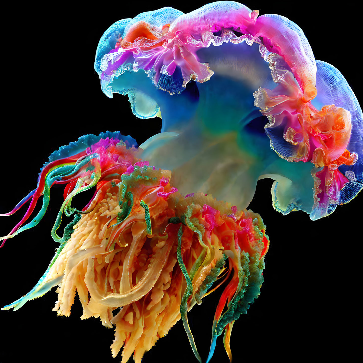 Colorful Jellyfish with Translucent Bell and Tentacles on Black Background