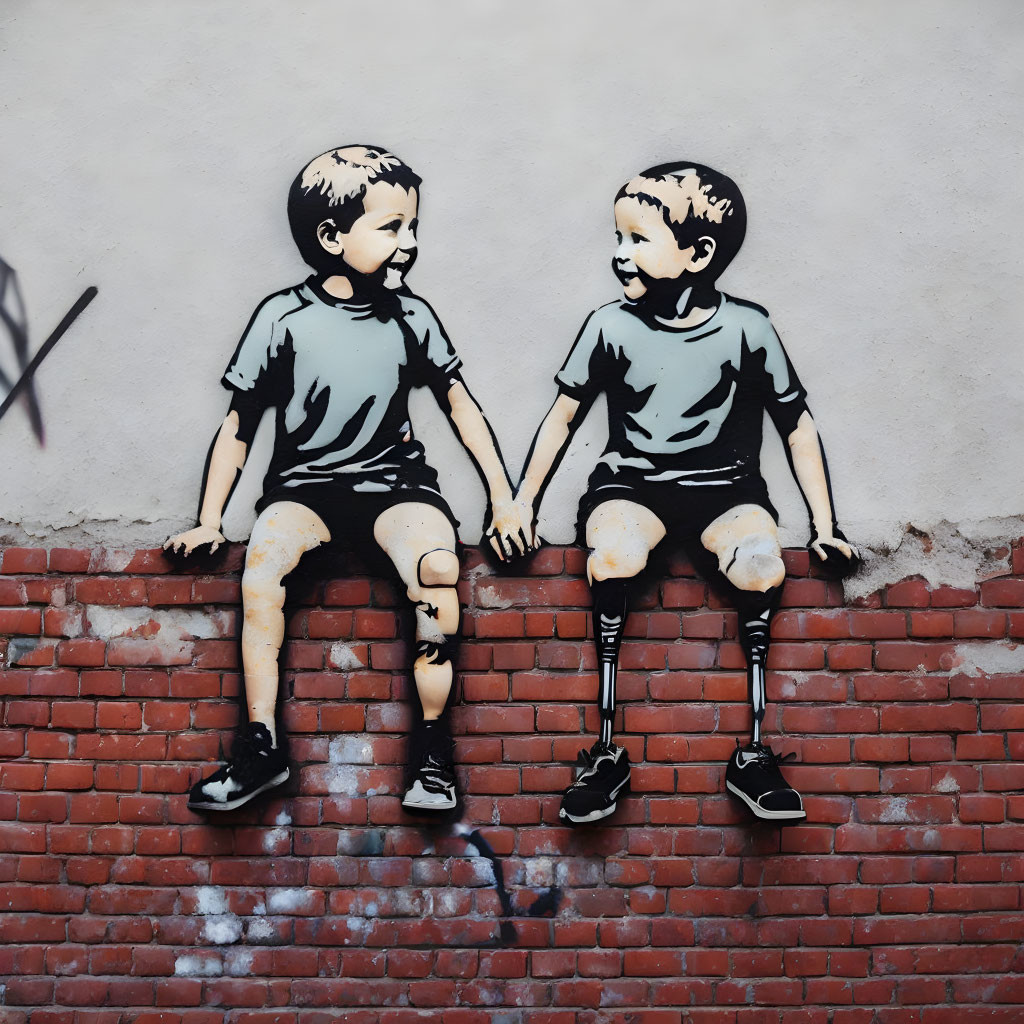 Urban mural depicts children on brick wall with swinging leg shadow