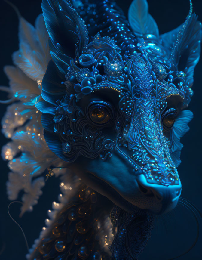 Intricate Blue Wolf-Like Mask with Soulful Eyes on Dark Background