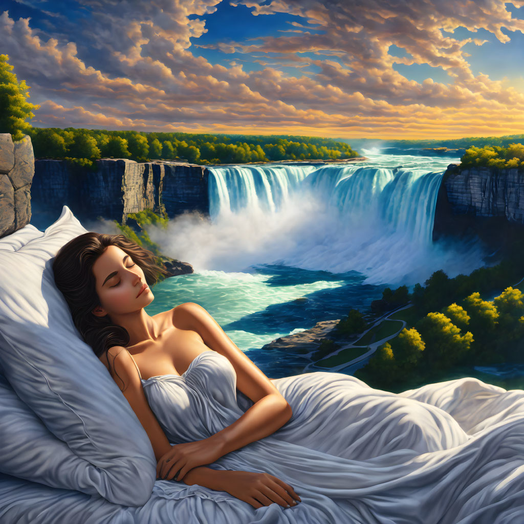 Woman in White Dress Sleeping on Oversized Bed by Majestic Waterfall