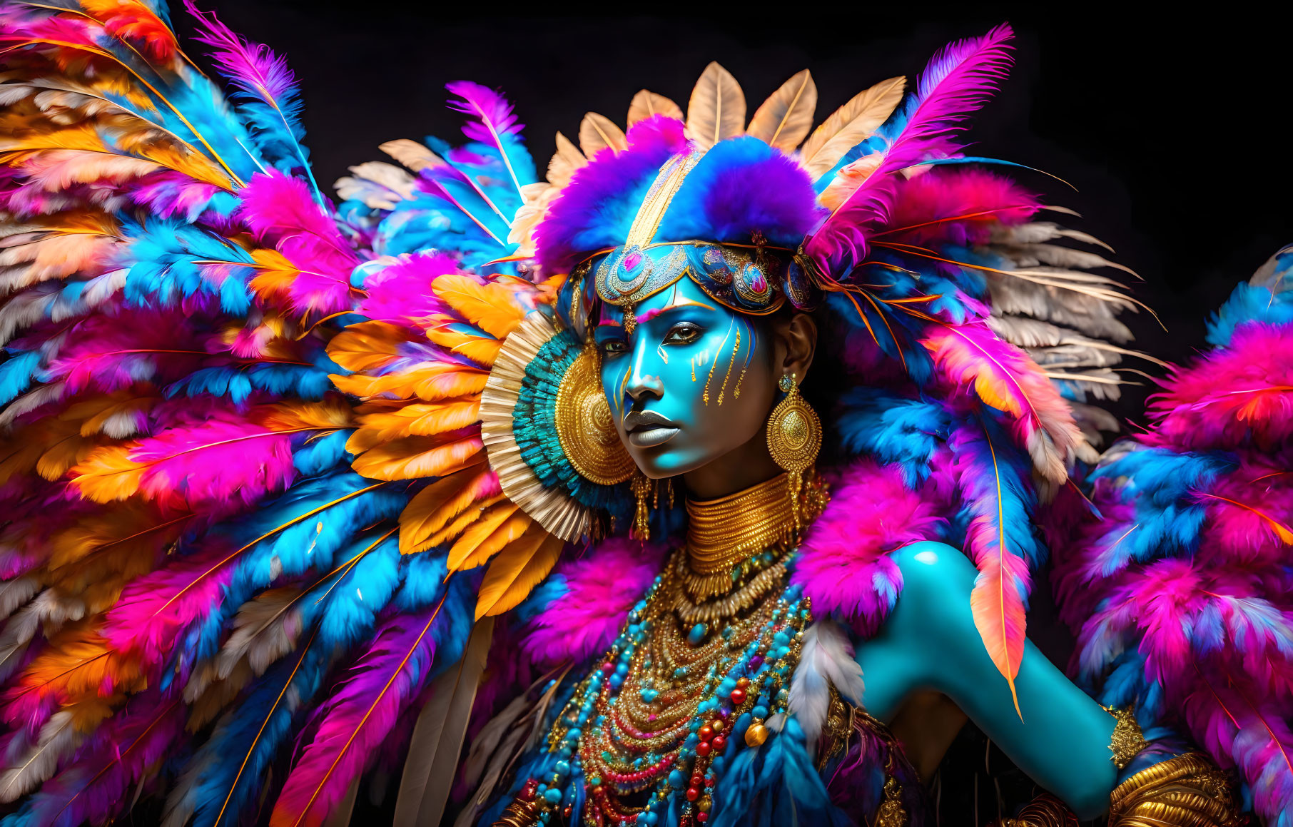 Elaborate Blue and Pink Feathered Headdress with Golden Jewelry