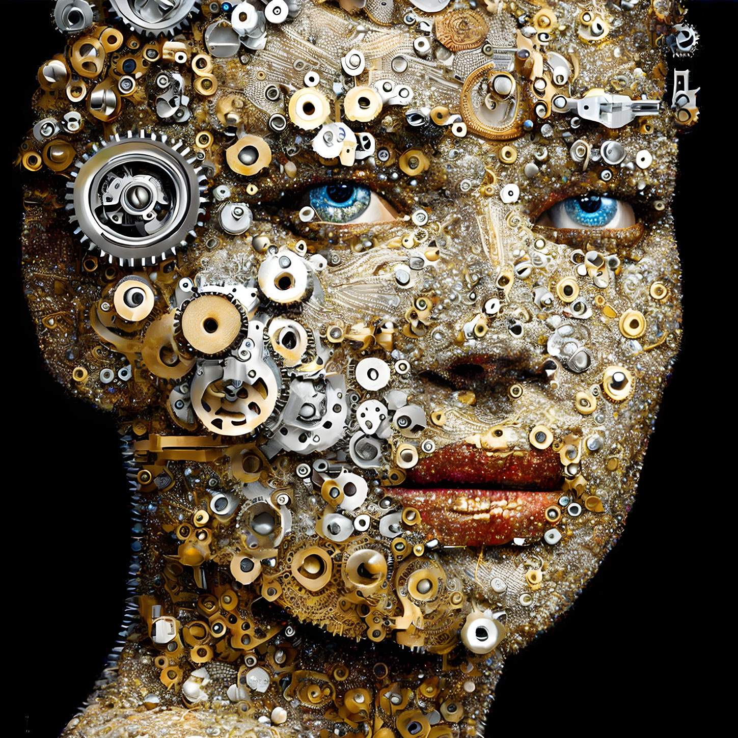 Woman's face in digital art with intricate mechanical gears and blue eye