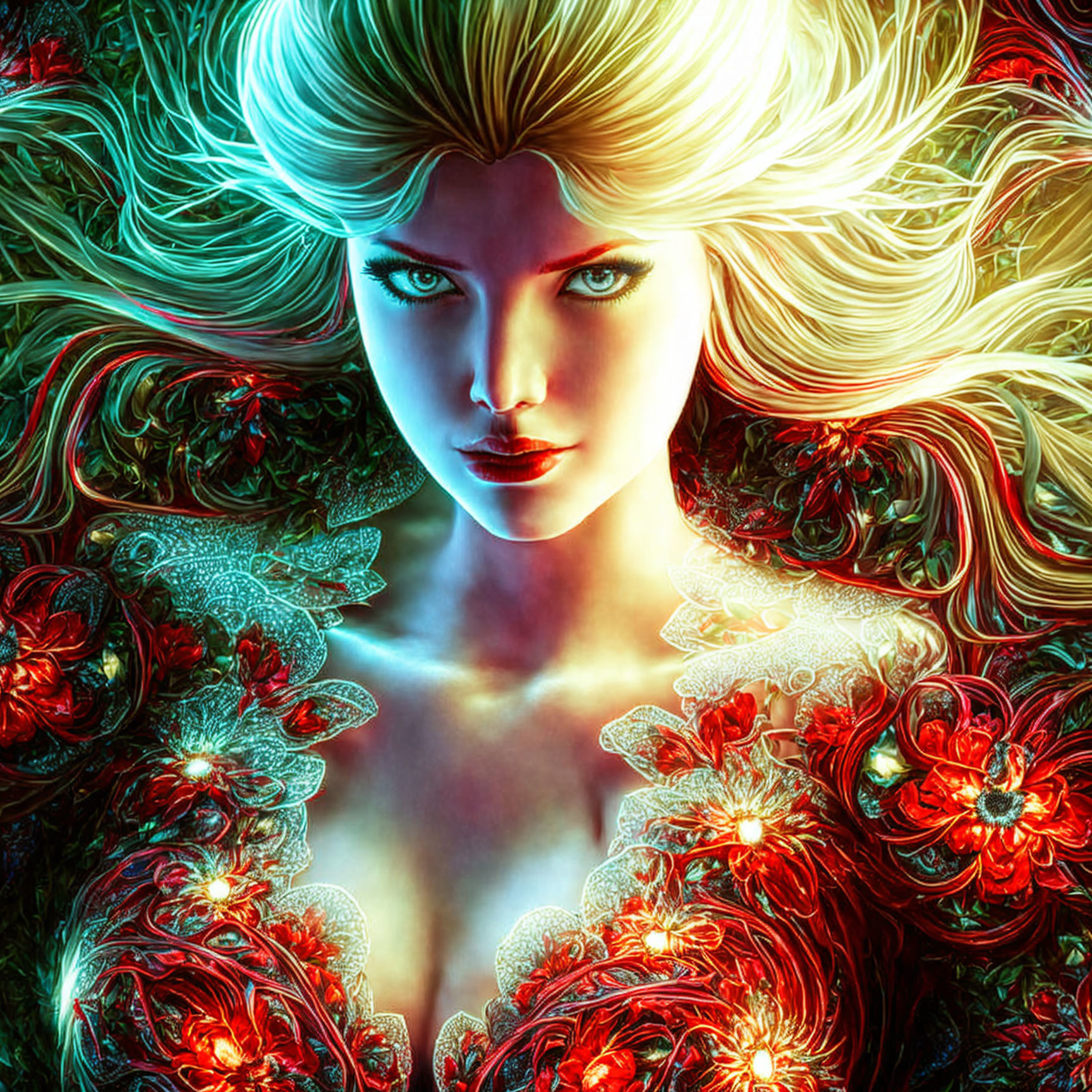 Colorful artwork of a woman with flowing hair and floral patterns in rich reds and greens