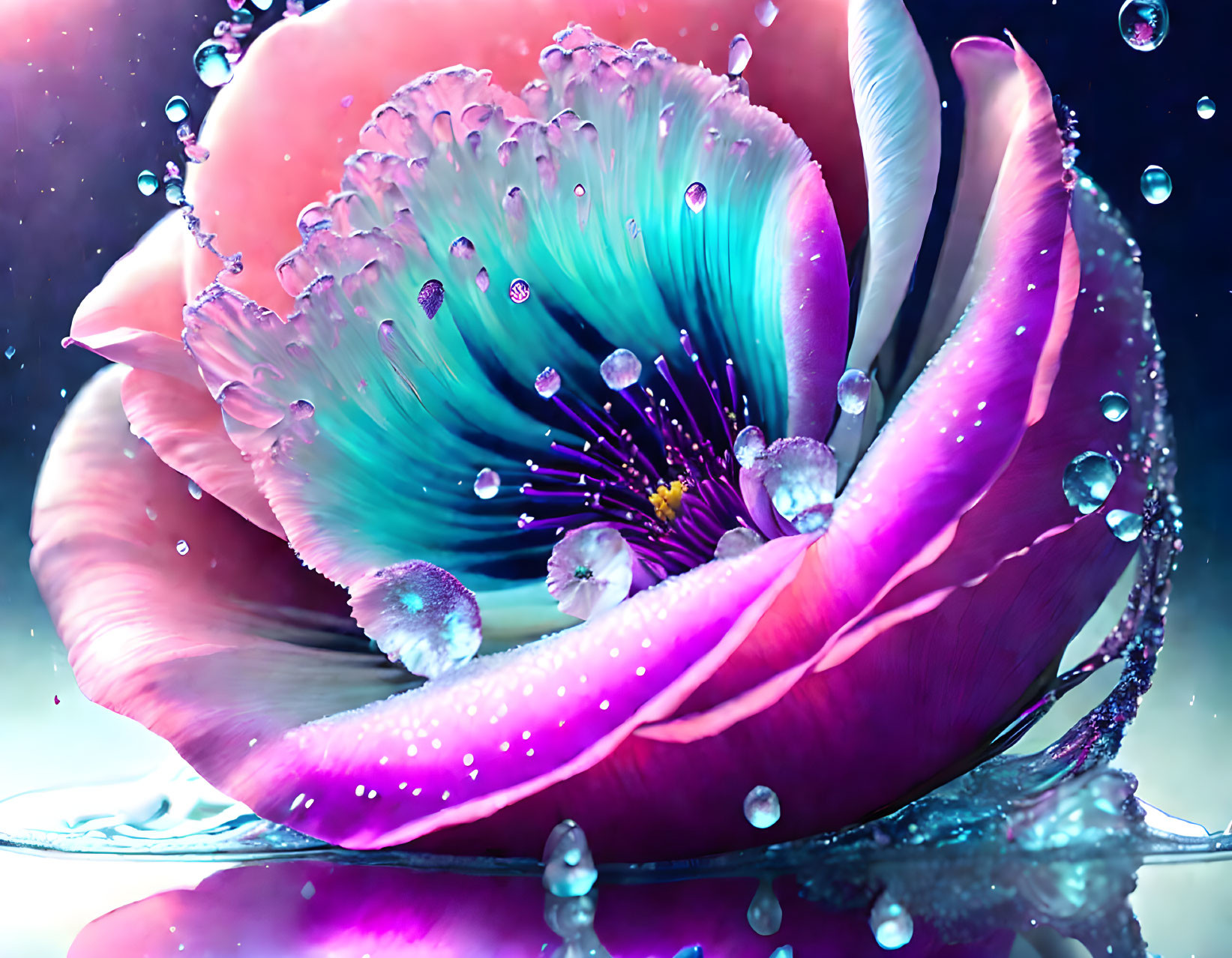 Fantastical flower digital artwork with pink and blue petals and water droplets