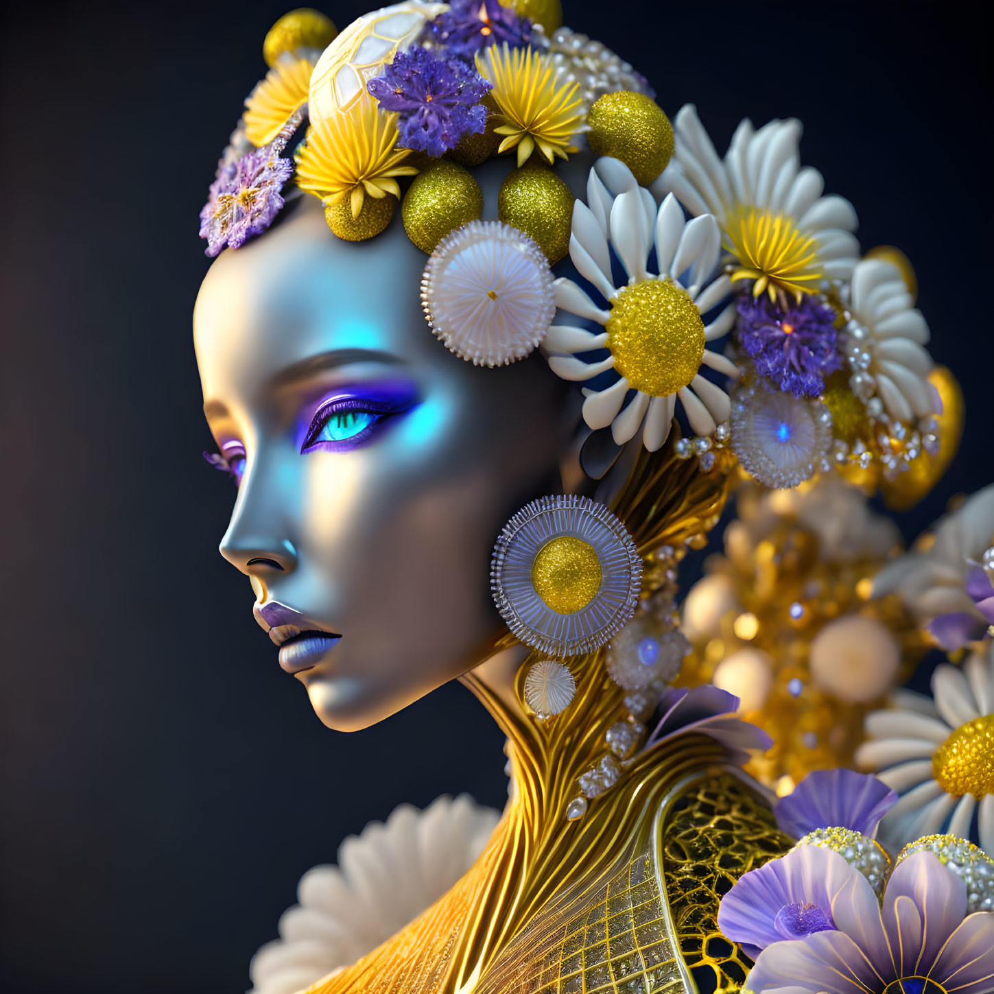 Vivid 3D illustration: Woman with blue skin, gold jewelry, floral crown