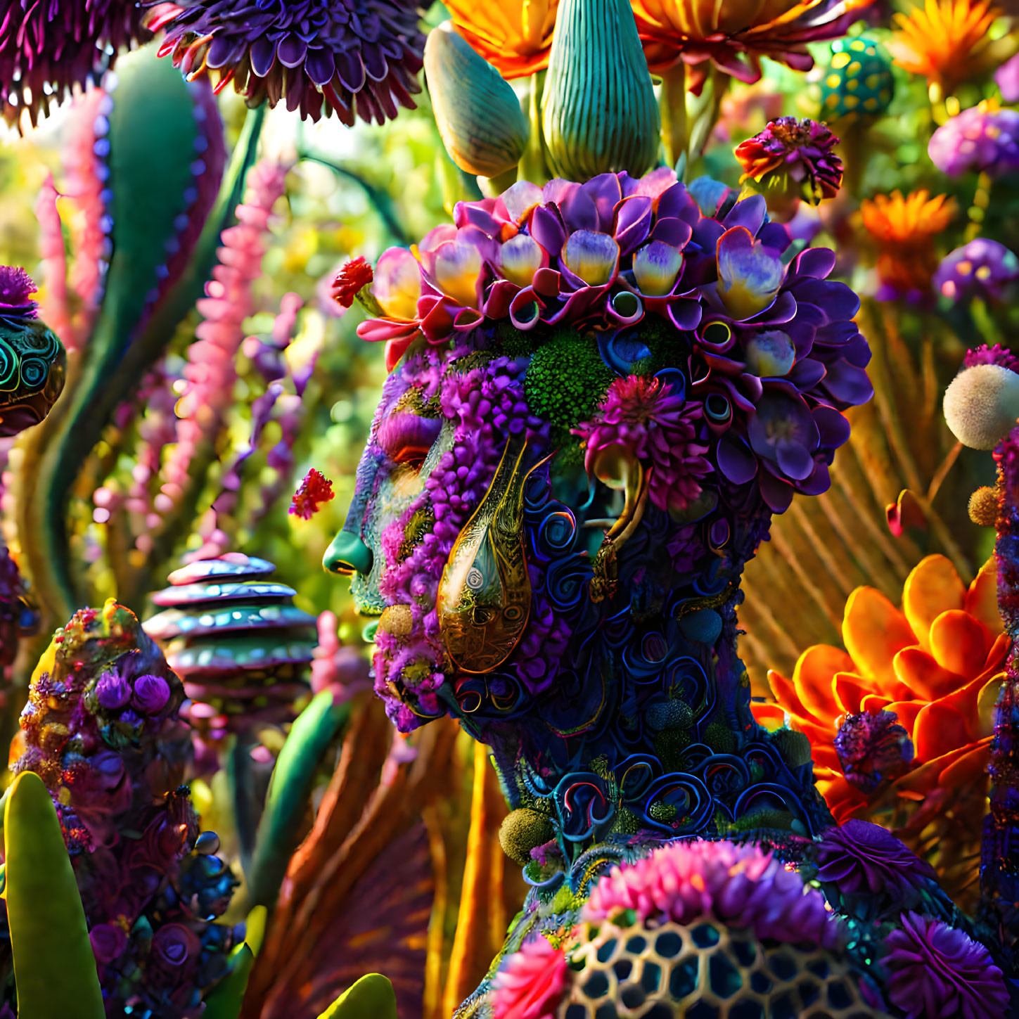 Colorful digital artwork: humanoid figure with flower head in botanical setting