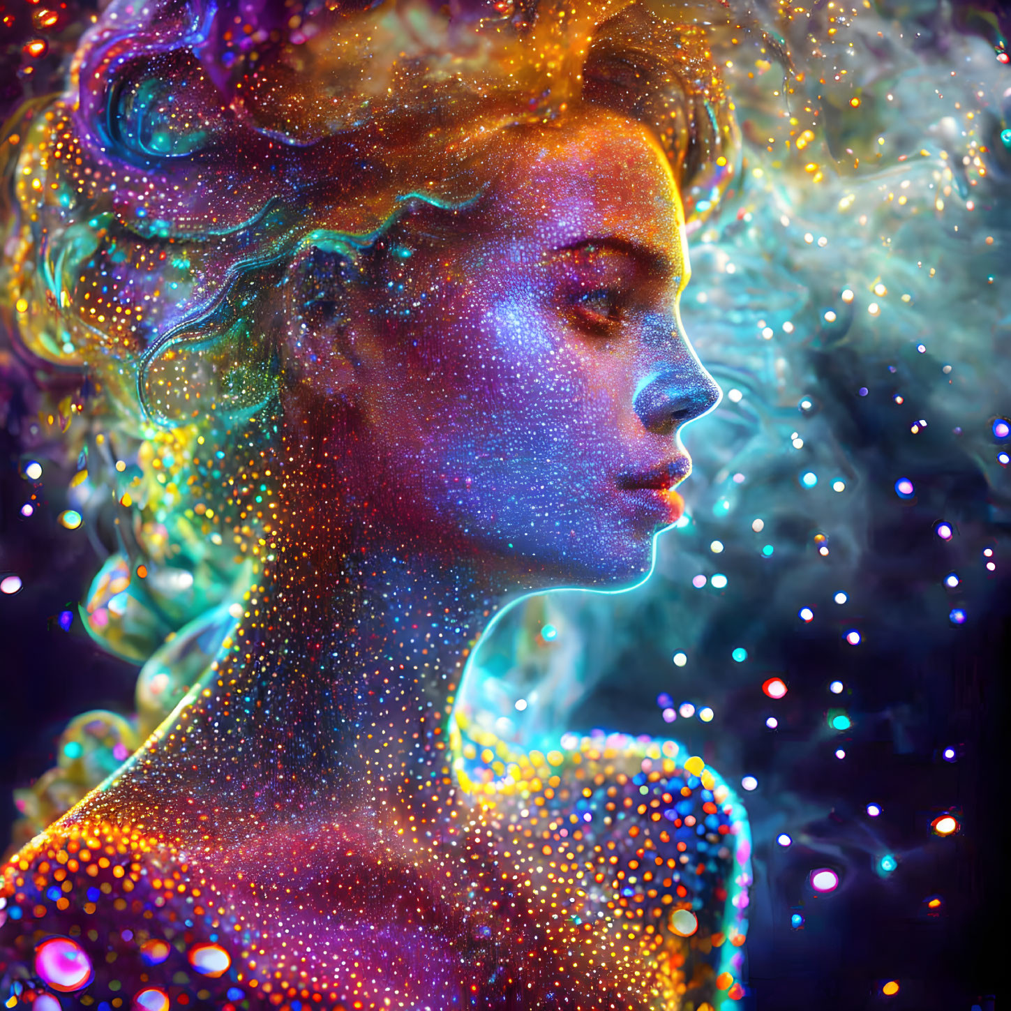 Cosmic digital art: person with glowing starry skin texture in serene aura