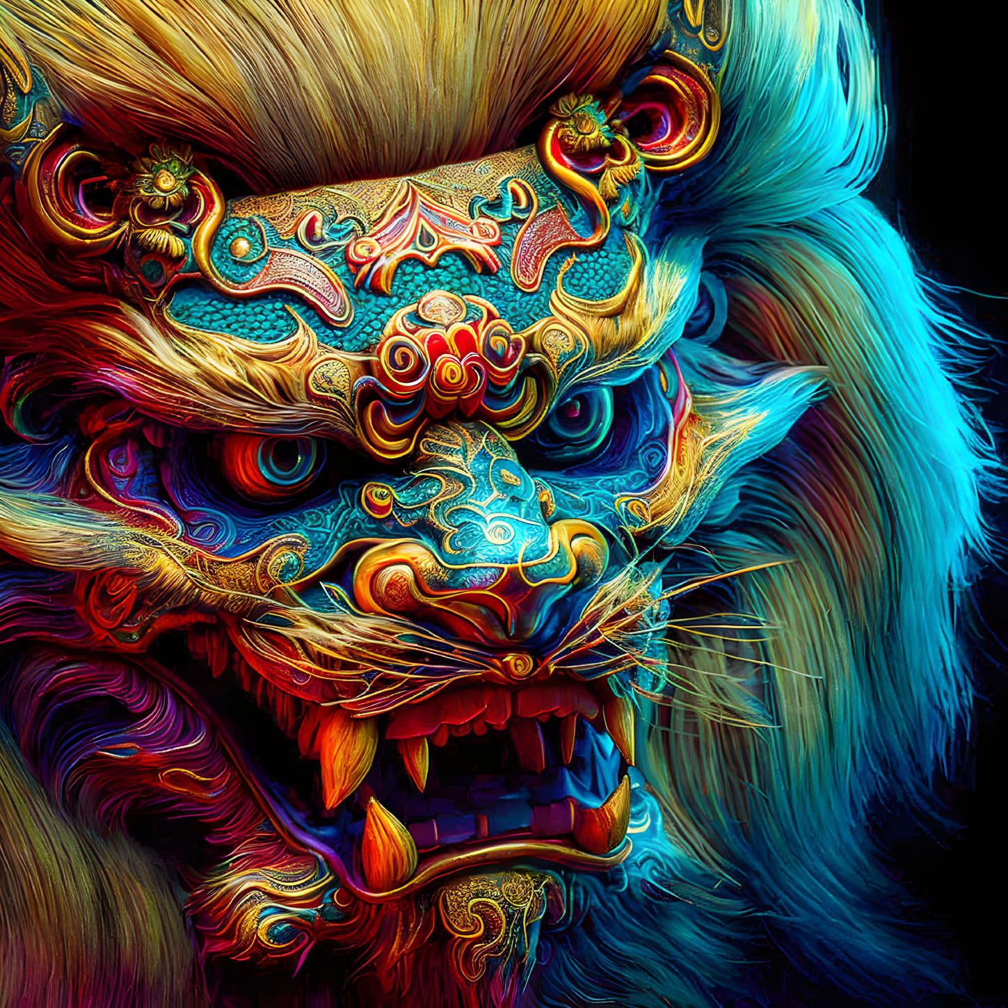 Vivid Digital Art: Mythical Lion with Intricate Patterns