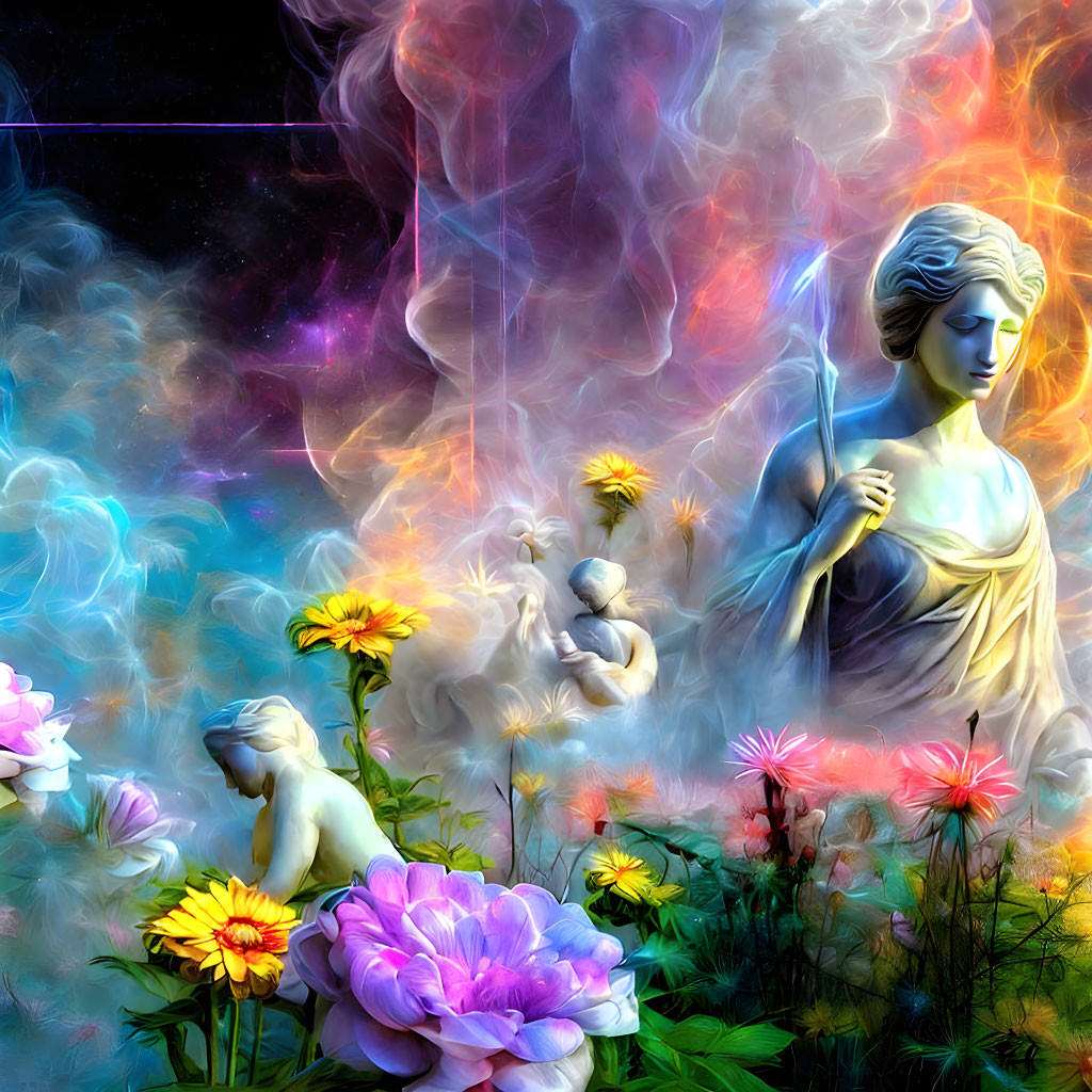 Digital artwork: Classical statue in cosmic setting with smoke and flowers