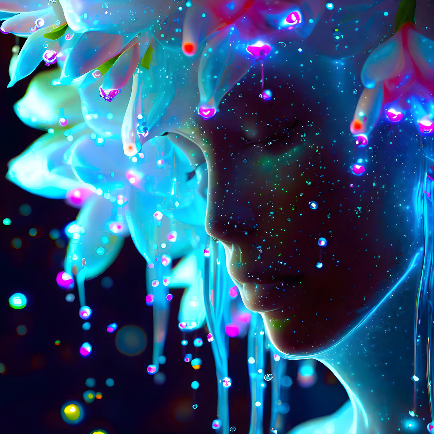 Neon plant-like elements on human head profile art